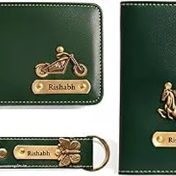 Personalized Green Leather Wallet, Passport Holder, and Keychain Set with Gold Metal Embellishments, Custom Name Engraving-picture-15