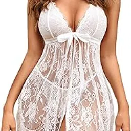 Women Babydoll Lingerie Eyelace Gown Chemise Halter Nightwear Nightgown Babydoll Lingerie Female Wedding Nightgown for Honeymoon and Anniversary Eye lace Babydoll with Panty-image-86