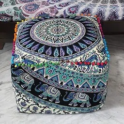 Mandala Meditation Floor Pillows Square Pillow Seating for Hippie Decorative Adults Bohemian Floor Cushion for Outdoor Living Throw Ottoman Poufs Cover 22X22X14 inches, Green Deer Elephant-picture-18