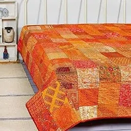 Handycraft India Patchwork Kantha Quilt, Throw Handmade Silk Patola Kantha Bed Cover, Reversible Bedding Bedspread,Vintage Hand Stitch Gudri, Decorative, Orange (Single 60 x 90)-picture-11