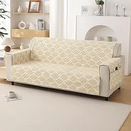 HOKIPO Polyester 3 Seater Quilted Sofa Cover with Pockets, Ogee Ivory (IN-742-D6)-picture-56