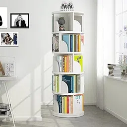 Rotating Book Rack Wooden 5 Tier Floor Standing Bookcase Storage Rack, Revolving Bookcase Corner Bookshelf for Small Space, Bedroom, Study Room, Black (White)-image-0