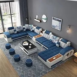 AMIDO Lucero Plus U-Shaped 12-Seater Sofa Set with Multifunctional Smart Console, Cup Holders & Cushions – Luxury Fabric Sectional Sofa Set for Living Room & Office | (Navy Blue, White)-image-55