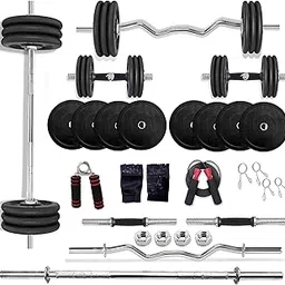BULLAR Rubber Home Gym Set 10 kg to 100 kg with 23mm 3Ft Curl 5Ft Straight Rod, Pair of Solid Dumbbell Rods,Rubber Weight Plates,Exercise Equipment for Workout and Fitness (10 KG) image 1