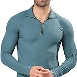 TQH Men's Polyester Blend T Shirt with Spread Collar Neck Line Zipper Closure Full Sleeves Solid Pattern Regular Fit and Standard Length-picture-52