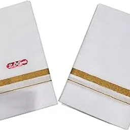 AMBIKA STORES Mens White Cotton Dhoti with 1/2" Gold Jari Border Agal 2 Mts. (2 PCs Combo)-image-14