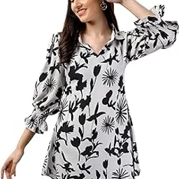 gufrina Women's Elegant Floral Print 3/4 Sleeve Blouse: V-Neck Collared Tunic Top for Stylish Comfort-picture-27