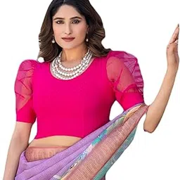 amazon brand - anarva Round Neck Lycra Stretchable Puffed Elbow Sleeve Readymade Saree Blouse for Women Stylish-picture-51