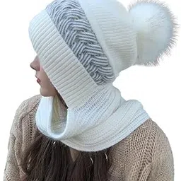 KKAKU Women Winter Knitted Warm Hat with Scarf,Ear Protection Pompom Woolen Hat for Adult-picture-15