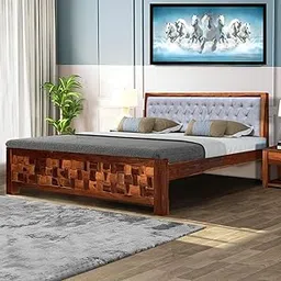 Gouravgenic handicraft Solid Sheesham Wood Double Bed Without Storage & Upholstered Cushioned Headboard for Bedroom (Teak Finish) (King)-picture-59