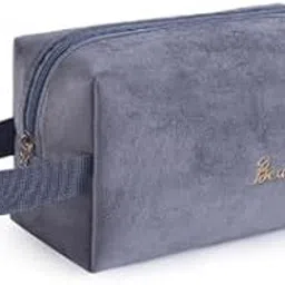 BLUE BEADS Plain Simple Mini Cosmetic Velvet Makeup Pouch Portable Travel Toiletry Bag for Women and Girls (Grey)-image-9