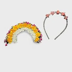 Traditional Floral Hair Garland, Yellow Rose with White Jasmine, Pink Accents, Handcrafted Wedding Hair Accessory-picture-28