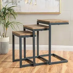 JGS Iron Frame Solid Wood Nesting Tables for Home Set of 3 Stools for Living Room-picture-31