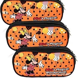 kuber industries Pack of 3 Pencil Pouch | Multi-Purpose Travel Pouch | Geometry Box | 2 Compartments Utility Pouch | Waterproof Stationary Bag | Disney Minnie Magic | Orange & Green-picture-23