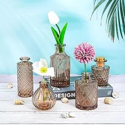 TIED RIBBONS Glass Bud Vases for Flowers – Pack of 5 Amber Antique Glass Centrepiece for Mini Flowers- Antique Collections for Floral Arrangements Home Decorations Item for Home Decor-image-90