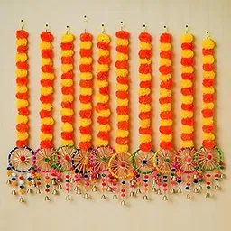 eCraftIndia Artificial Marigold Flowers Hangings with Bangles Ringing Bells (Pack of 10) | Artificial Flowers for Home Decoration | Wedding, Ganpati, Navratri Diwali Decoration Items-picture-13