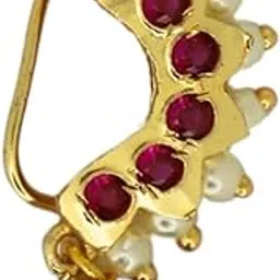 jwella Traditional Maharashtrian Nath for Women | Gold Plated Nose Ring with Red Stones, Pearls & Green Beads-picture-67