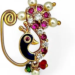 kyoot jewels Maharashtrian Nath Combo Nose pin without piercing Pearl Diamond Gold Plated Nathni Clip On Ruby Green Moti Nose Ring For Women-picture-55