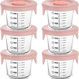 yanci YANCI® 180ml Borosilicate Glass Baby Food Storage Jars with Silicone Lid | Strong Glass | Microwave, Oven & Dishwasher Safe | Infant and Babies, Pink, Round, Pack of 6-picture-22