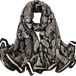 malina Silk Satin Stole with Paisley Pattern, Black and White, Elegant Border Design,Summer Scarf,Black Dupatta-picture-46