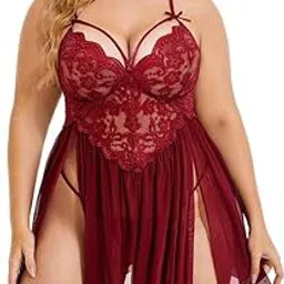 dvka creations Women's Lace Plus Size Babydoll Lingerie with Matching G String Panty-picture-20