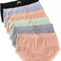 fashionez Women’s Cotton Ribbed Mid Waist Panty Set with Soft Lace Edge & Bow Design | Breathable Stretch Underwear for Everyday Comfort (Multipack – Multicolor) image 1