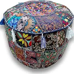 Sophia-Art Indian Embroidered Patchwork Cover Indian Decorative Pouf Indian Comfortable Floor Cotton Cushion Ottoman Pouf,Indian Designs Ethnic Patchwork Pouf (Blue, 14"x22")-picture-18