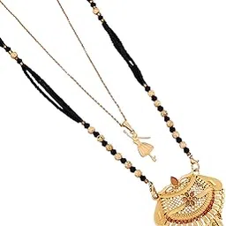 malkyn Women's Gold Plated Traditional Indian Mangalsutra Necklace with Intricate Peacock and Floral Pendant, Enamel Work, and a Delicate Ballerina Charm Layered Set, Black Beaded Jewelry-MD-154-picture-23