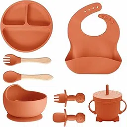 Kids Station 8-Piece Silicone Baby Feeding Set | Suction Bowl, Plate, Bib, Cup, Spoon & Fork | 100% Food Grade BPA-Free Silicone | Non-Slip, Easy to Clean (Pack of 8, Orange)-image-96