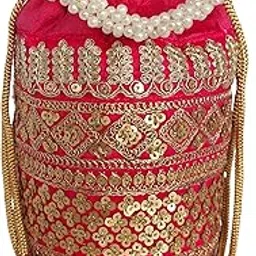 jagriti shakti Raw Silk Potli Bag for Ladies & Girls | Golden Embroidered with Pearl Handle & Tassels | Batwa Bag Bridal Purse - Rani Pink image 1