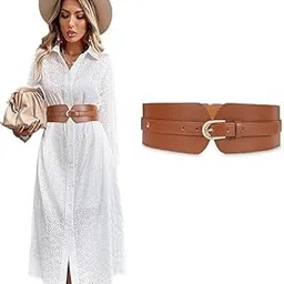 amirate Women's Fashion PU Width Belt, Ladies Metal Buckle Design Belt Interlocking Buckle Vintage Blouse Blazer Dress Belt Stretch Cinch Belt for Women (Brown, 23-33 inches)-picture-35