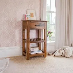 Wooden End Table for Living Room | Accent Sofa Side Corner Table with Drawer & 2 Shelves | Handicrafted Telephonic Tables, Vasetable for Home Decor | Sheesham Wood, Honey Finish-picture-11