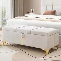Modern Storage Ottoman Bench, Ottoman Storage Bench for Living Room Velvet Chest for Sofa Couch Bedroom Entryway Ottoman Velvet Upholstered, Gold Metal Legs, Bedroom Footboard (Beige)-image-27