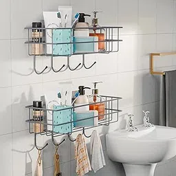 Kuber Industries 2 Pcs Metal Self Adhesive Bathroom Organiser with Drill Screws & 4 Hooks | Bathroom Shelf for Wall Adhesive | Grey-picture-29