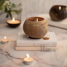 Thenga Hand Carved Coconut Shell Candle Holder | Lantern Tealight, Eco-Friendly Wooden Candle Holders - Tropical (Set of 1)-picture-57