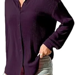 Women's Solid Color Long Sleeve Button Down Textured Shirt, Crepe Casual Relaxed Loose Fit, (Color : Black & White)-picture-43