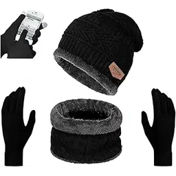 Winter Knit Beanie Set with Neck Warmer and Touch Screen Gloves, Black, Fleece Lined, Warm Thermal Accessories for Men Women-picture-15