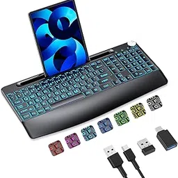 Sksyloo 2.4G Wireless Large Print Keyboard with 7 Colored Backlits,Rechargeable,with Phone Holder &Wrist Rest, Lighted up Full Size Keyboard for Mac Windows Laptop PC, Black image 1