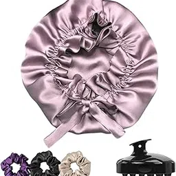 Attune® Silk Satin Hair Bonnet Reversible Satin bonnet with adjustable tie band wrap Satin Wrap Silk bonnet hair with Hair Scalp Massager Shampoo Brush and scrunchies (Rose Taupe)-picture-12