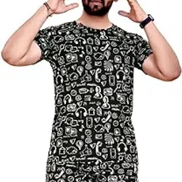 qosha Casual Summer Poly Lycra Digital Printed Casual Sleep & Launge Wear Nightdress, Regular Fit Round Neck Short Sleeves T-Shirt and Classic Pajama Shorts Stylish Beach Wear Night Suit for Men-picture-33