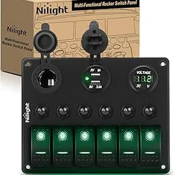 Nilight - 90123F 6 Gang ON Off Rocker Switch Panel Green Backlit 12V24V LED Digital Voltmeter Dual USB Charger Cigarette Lighter Socket Overload Protection Switch Panel For Cars RVs Boats-picture-26