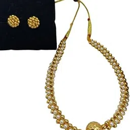 RR CREATIONS Maharashtrian Moti Pearl Broad Gold Bead Kolhapuri Saaj Thushi Necklace Set with Earrings for Women & Girls | Traditional Choker Mangalsutra Gajra Haar Jewellery for Wedding & Festive-picture-40