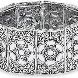 Silver Oxidised Afghani Traditional Mirror Work Stretch Bracelet For Women-image-85