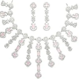 zeneme Rhodium-Plated American Diamond Studded Floral Tasselled Necklace With Earrings Jewellery Set For Girls and Women-picture-43