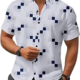 le pery Men's Cotton Blend Printed Stitched Stratchable Half Sleeve Shirt (White with Navy Blue Squares) Casual Style-picture-31
