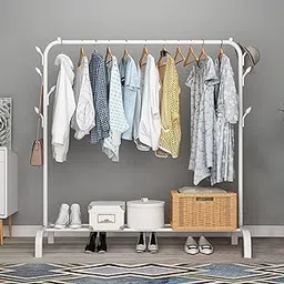 AYSIS 1PC Multipurpose Metal Single Garment Rack with Top Rod and Lower Storage Shelf with Hooks Heavy Duty Clothes Coat Stand Closet Organizer (150 x 110 x 40 CM) (White)-picture-62