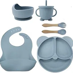 5-in-1 Silicone Baby Feeding Set | Suction Plate, Bowl, Sippy Cup, Bib, Spoon & Fork | BPA Free, Food Grade, Non-Slip & Dishwasher Safe | Baby Weaning Essentials (Grey Blue)-picture-10