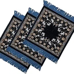 Kuber Industries Pack of 3 Velvet Pooja Mat For Sitting On Floor | Comfortable Eating Aasan for Home | Decorative Sitting Mat for Meditation & Mandir | Floral Print - Navy & Sea Blue-picture-12