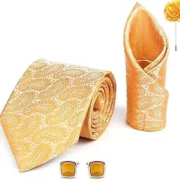 rizoro Mens Plaid Paisley Silk Necktie Gift Set With Pocket Square Cufflinks & Brooch Pin Formal Tie With Leatherite Box (Beige AMBM1BGRX Free Size)-picture-12