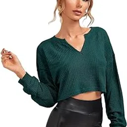 zilcon Womens Waffle Womens Dressy Tops, Women's Fashion Casual Long Sleeve V-Neck Crop Tops-picture-19